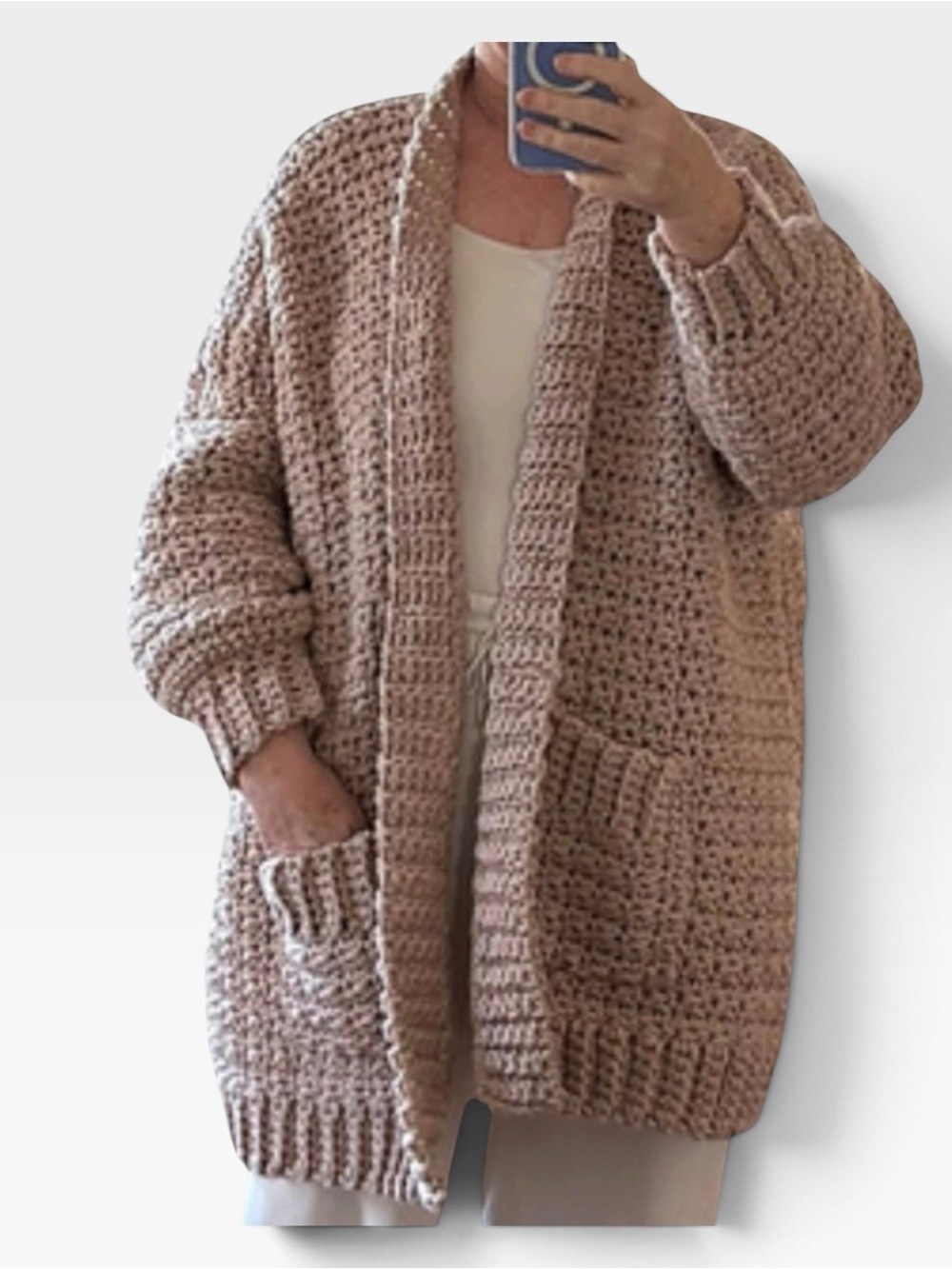 Crochet Kima Cardi Toni Lipsey Design XL Taupe Bulky Wool Blend Cardigan